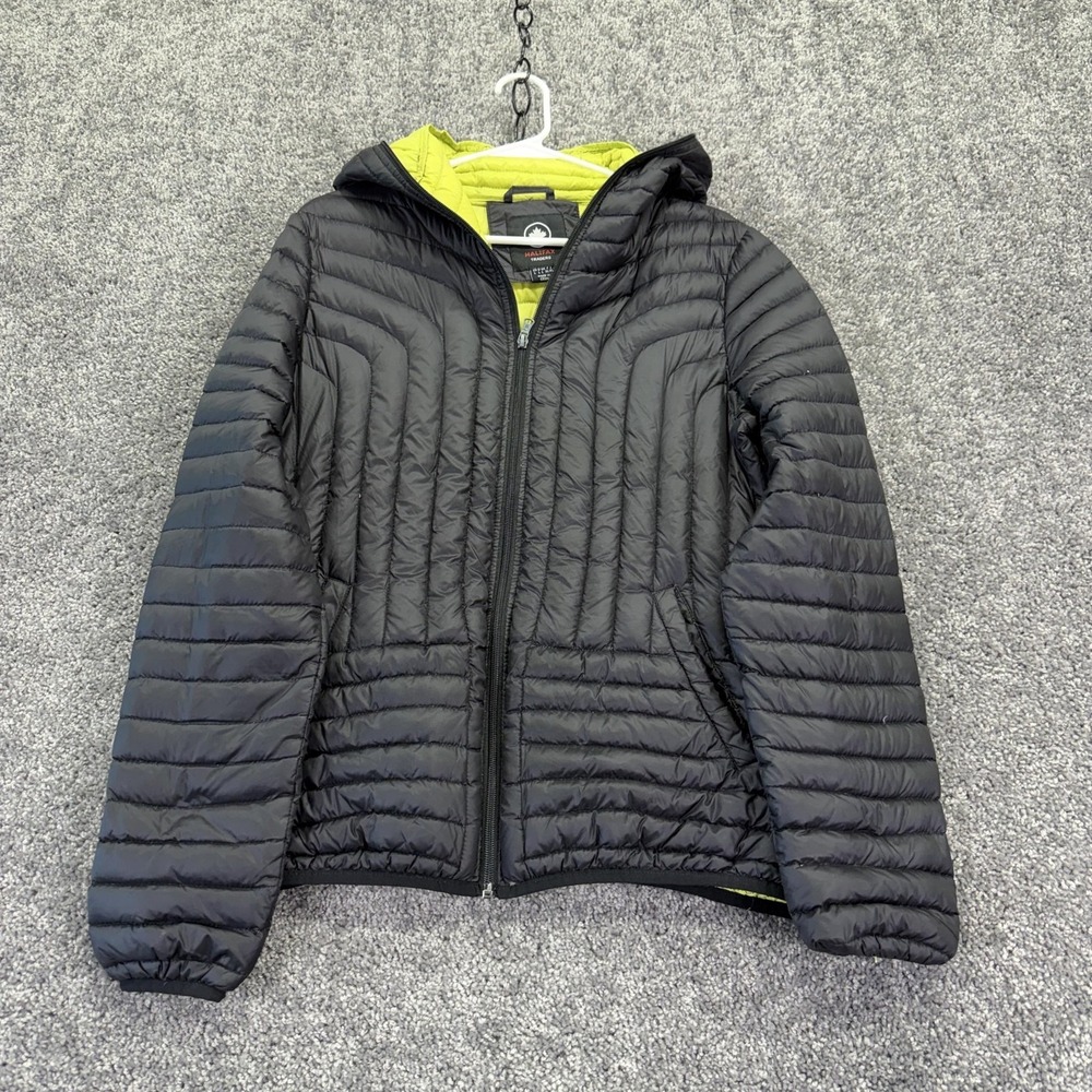Halifax Traders Jacket Mens Large Black Down Puffer Hooded Full Zip Lightweight